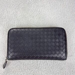 Bottega Veneta Intrecciato Lambskin Zip Around Long Black Wallet Made in Italy